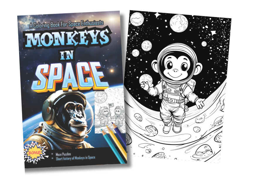 The front and an inside view of the coloring book "Space Monkeys"